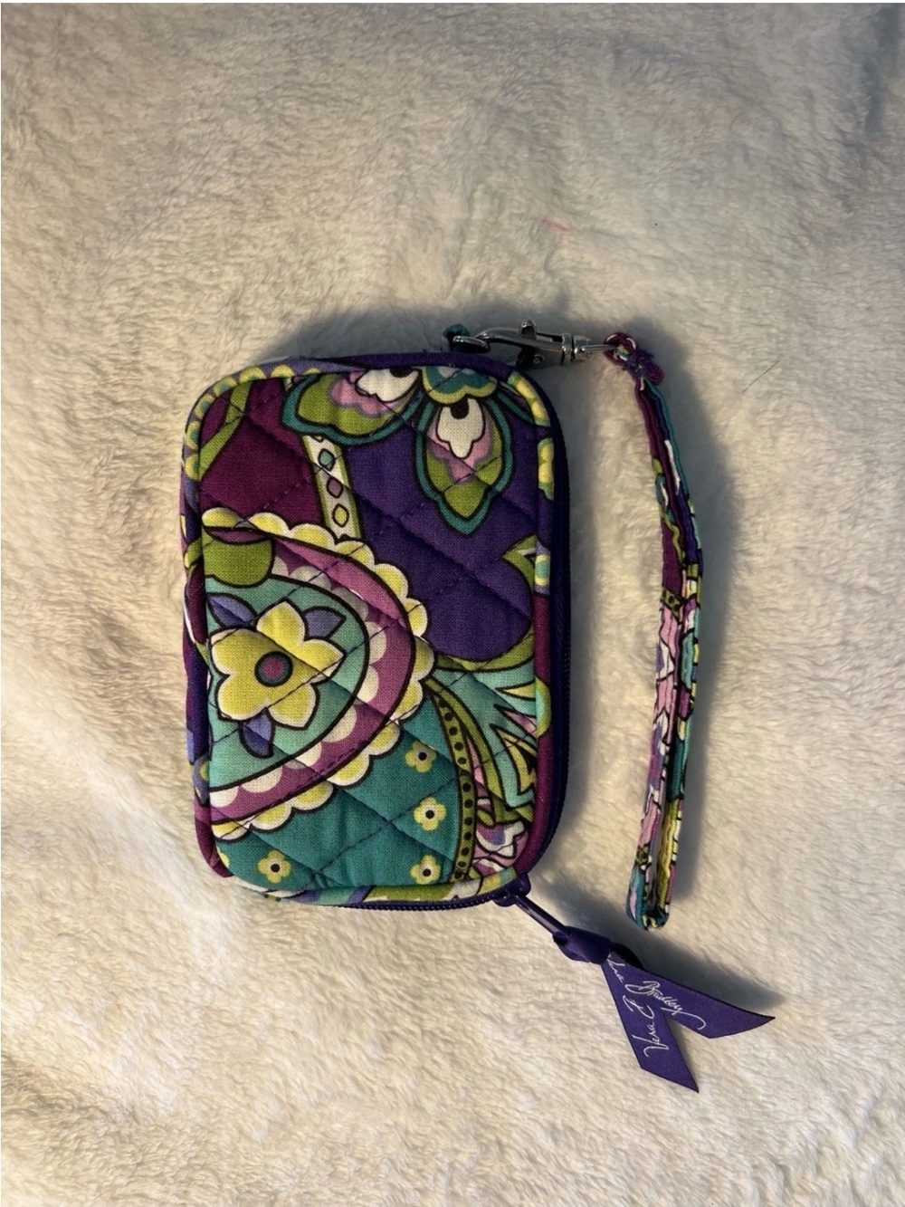 Vera Bradley Quilted Wristlet in Teal, Purple & Lime Dot Print